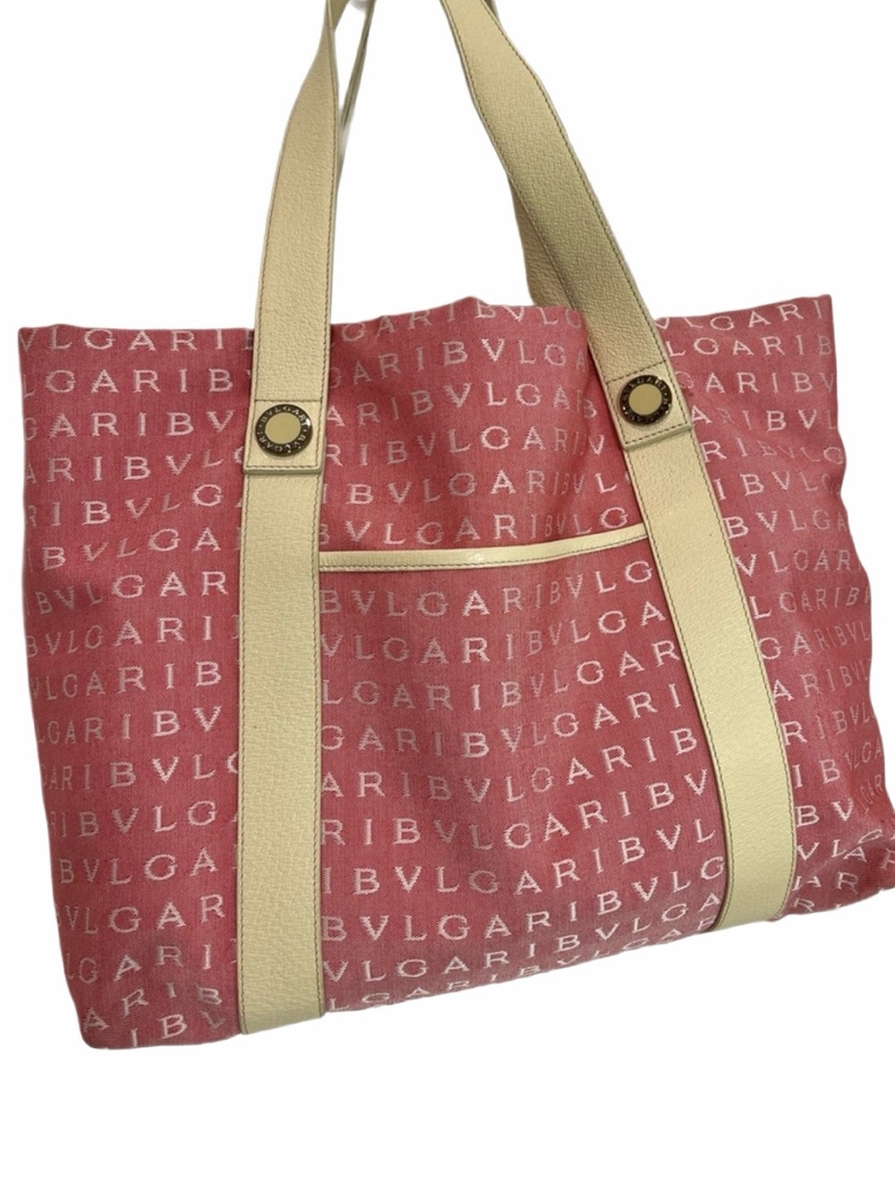 Authentic Bvlgari pink & Cream mania red logo tote, very good condition 🌹🌸